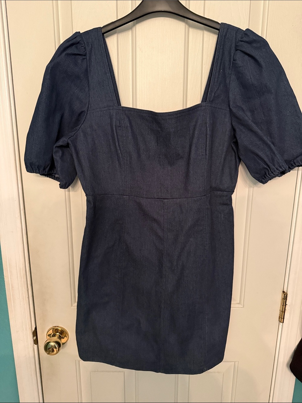 Square-Neck Puff Sleeve Mini Dress in Dark Blue